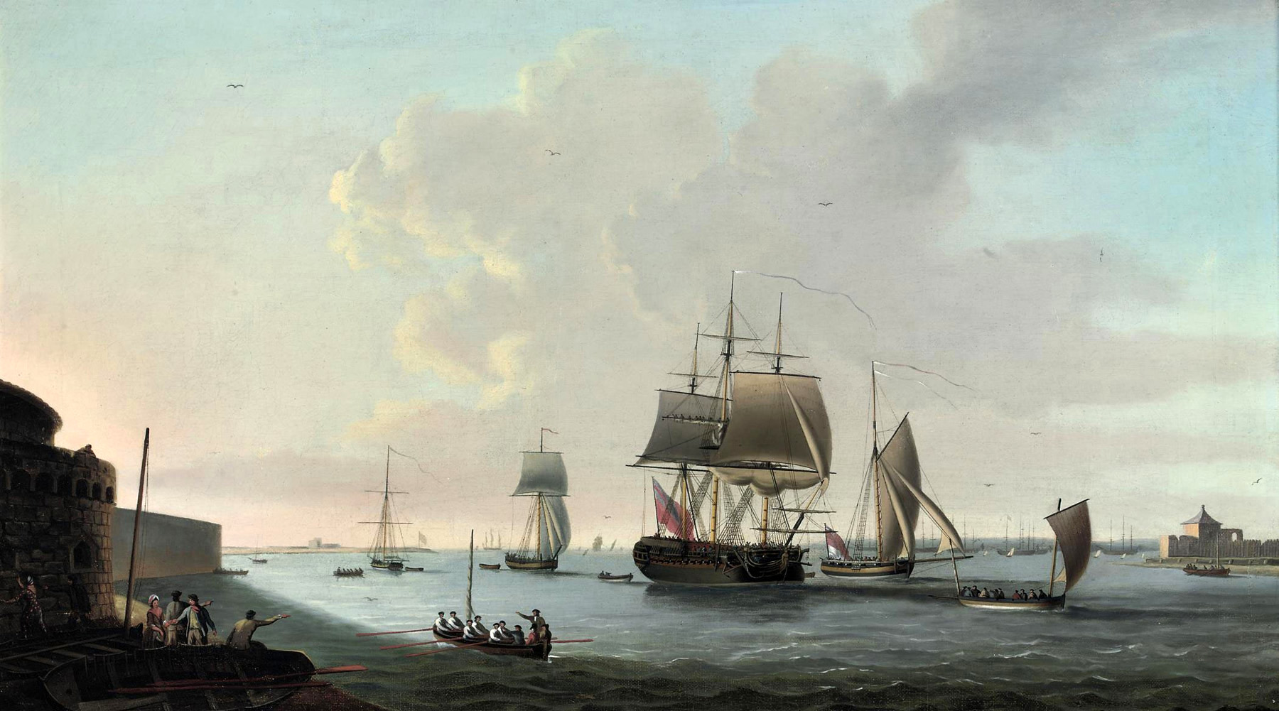 english frigate running into portsmouth harbour with fort blockhouse off her port quarter